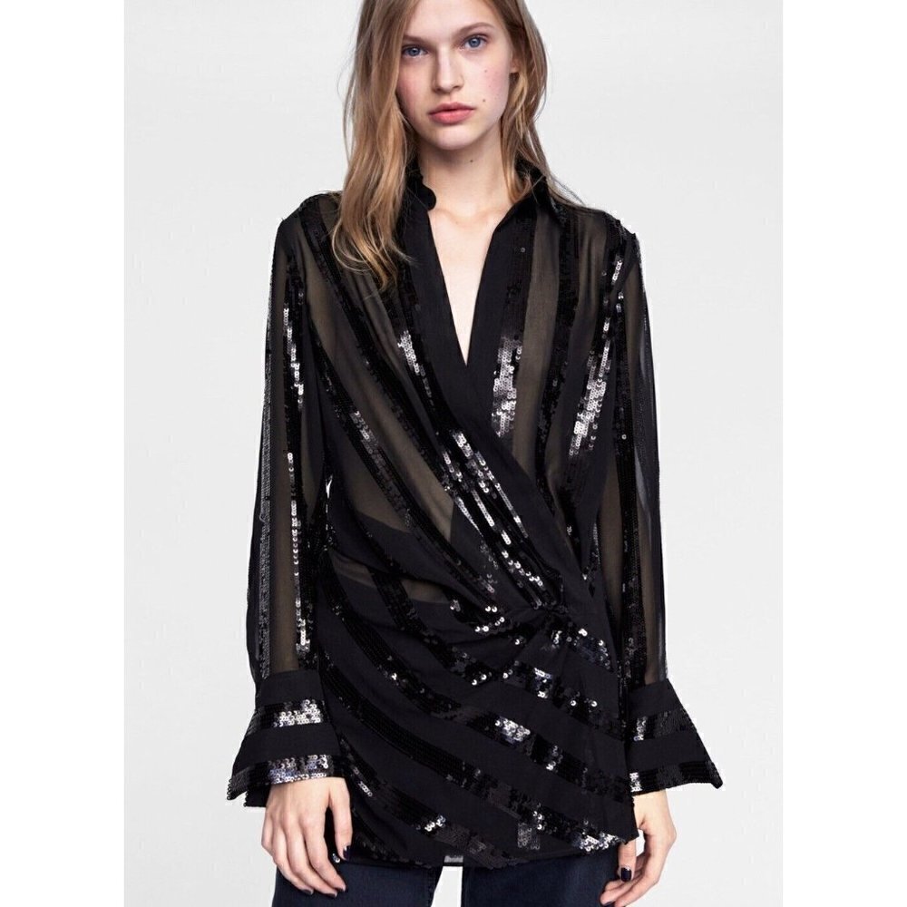 Zara Black Draped‎ Sequin Wrap Long Sleeve Blouse S